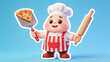 © Raharja - Cheerful cartoon chef holding pizza slice and rolling pin on blue background