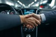 © Olsek - Business handshake inside a modern car showcasing partnership in automobile industry negotiation deal dynamics and professionalism in automotive sales environment. Generative AI
