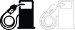 © Shah Hasanuzzaman - Vector icon set features a gas station fuel pump with a nozzle and hose, presented in both solid black silhouette and simple line outline styles for automotive design.