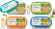 © MDShahin - Flat vector illustration of weekly fitness meal prep glass containers with healthy food chicken rice and vegetables