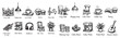 © no one - Collection of hand-drawn cafe and coffee-related items, including cups, tables, chairs, and musical notes, presented as a sketch set on a white background