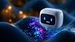 © Kateryna - A clean chatbot icon on a bright futuristic blue wavy background 3D illustration with vibrant pixelated technology chatbot icon futuristic blue wavy 3d render artificial