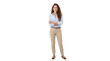 © Pixel Studio - A friendly young woman standing with her arms crossed wearing a light blue shirt and beige pants looking at the camera isolated on transparent background