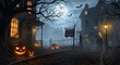 © Alpin - Spooky Halloween Night Scene with Haunted House and Glowing Pumpkins.