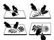 © Kleber - vector Culinary preparation steps showing hands chopping vegetables on cutting boards with knives in a sequence of four illustrations Silhouette