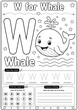 © MDSUMON - Letter w alphabet worksheet for preschoolers featuring a cute whale for coloring and handwriting practice