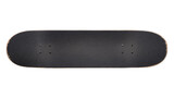 Isolated new wooden skateboard deck with dark black griptape and mounting hardware holes