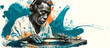 © Chinnasorn - Elderly man with headphones playing vinyl record, vibrant paint splashes symbolizing sound waves, creating dynamic and artistic atmosphere