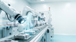 © Hypnotics 14 - Automated robotic arm with digital vision inspection system scanning metal parts on a production line conveyor belt in a modern smart factory with copy space