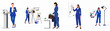 © Enem - Businesswoman characters set, female entrepreneurs in blue suits giving presentations, working with data charts, and in the office, flat vector illustration.