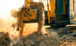 © Fahroni - Close-up of excavator at construction site. Backhoe digging soil for earthwork and construction business. Excavating machine at work. Heavy machinery for earth moving and construction site development