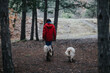 © qunica.com - A person in a red jacket walks two dogs along a wooded mountain trail. A quiet outdoor scene of friends walking together through the forest path.