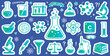 © Riki - Collection of gradient green and teal science and chemistry lab equipment icons and illustrations on a blue background, featuring beakers, microscopes, and molecules.