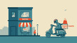 © Urmi Bagum Urme - Food delivery courier riding scooter to local restaurant. Vector illustration