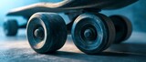 Close-up of worn skateboard wheels on gritty surface. 64k 8k widescreen, HDR