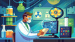 © Dn Design - A male scientist wearing protective mask and goggles analyzes data on a tablet in technologically advanced laboratory environment. Useful for scientific discovery and medical research concepts.