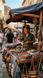 © Bohdan - A Joyful Artisan Merchant Offers Handcrafted Textiles and Woven Treasures at a Vibrant Cultural Street Market in a Historic Mediterranean Village Setting