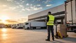© Рудой Максим - Workers perform loading tasks at a shipping dock during sunset as trucks are parked outside a warehouse facility