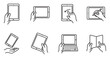 © GoDesigner - Hand holding tablet computer icon set simple illustration on white background.