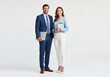 © Png stock - Professional business man and woman standing together holding laptop and tablet isolated on white background