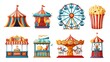 © Chaikit - playful vector icon set featuring classic amusement park elements including striped circus tent, colorful ferris wheel, spinning carousel, and popcorn booth