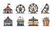 © Chaikit - playful vector icon set featuring classic amusement park elements including striped circus tent, colorful ferris wheel, spinning carousel, and popcorn booth