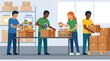 © Nurul - Diverse group of volunteers packing donation boxes at a food bank