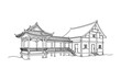 © Akunbaru - Line art illustration of a traditional Chinese pavilion connected to a wooden house.