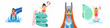 © Abu - Cartoon illustrations of a young girl having fun on various water slides at an aqua park, wearing safety life jackets and arm floaties.