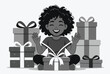 © Himel - Delighted young girl with curly hair laughing with joy as she opens a gift box surrounded by many colorful presents.