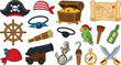 © Dulal creation  - Cute pirate adventure vector icon set featuring treasure chest map skull hat parrot cannon ship wheel and anchor illustration