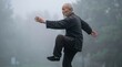 © Andrei Burakov - Senior man practicing tai chi in misty outdoor setting with balanced pose