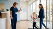 © Alva - Friendly nurse high-fiving a happy young girl entering a modern clinic with her mother.