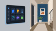 © Md Rakibul Islam - Glowing wall mounted smart home control panel in a modern hallway, flat vector interface for connected lighting, security, climate, access and residential automation technology illustration
