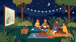 © Salim - Friends enjoying outdoor backyard movie night on blankets under starry sky with projector popcorn and string lights fun summer gathering vector illustration