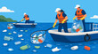 © Asma - Ocean cleanup crew in boats scoops floating plastic bottles and trash from calm blue water, promoting marine conservation, recycling, sustainability and urgent pollution response action