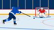 © Zain - Dynamic ice hockey forward taking a powerful slap shot at the goal as goalie defends the net, fast rink action, competition, speed, teamwork and winter sport energy vector illustration