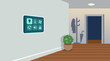 © Hamayun - Sleek wall-mounted smart home control panel glowing in a modern hallway, vector illustration of connected lighting, climate, security and automation for futuristic residential interior design