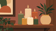 © Jhuma - Cozy vector illustration of lit pillar candles flickering on a wooden shelf with leafy houseplants, warm terracotta wall, modern boho decor, calm home spa ambience, hygge interior mood