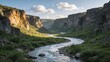© Shahajan - A serene mountain river flowing through a lush green valley between towering rocky cliffs under a bright blue sky with fluffy clouds, perfect for wellness retreats.