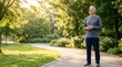 © pinchos - A heartwarming image of a middle-aged person taking a deep breath after a light walk in a sun-drenched park. An image themed around active aging, featuring copy space (blank space for text)