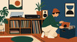 © Md Rifat Hasan - Stylish vinyl collector organizing records beside a vintage turntable, speakers, plants and modern wall art in a cozy mid century music room, warm retro home audio lifestyle vector illustration