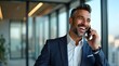 © Petro - Smiling middle-aged man in a suit talking on the phone in a modern office setting.