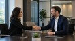 © Asad - Two professional business people shaking hands warmly across modern conference table in corporate office, successful partnership agreement, professional handshake between male and female executives