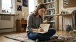 © Sofia - Teenager writing in notebook while sitting on the floor. Young girl studying or journaling in a cozy bedroom with bookshelf. Education and lifestyle concept