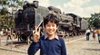 © Stingray_Japan - 昭和の日本人小学生：屋外展示の蒸気機関車（SL）の前で笑顔でピースサインをする日本人小学生男子の記念写真ポートレート