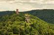 © Helmut Scheuer - Blick von der Burg Trifels auf die Ruine Scharfenberg (Burg Münz) und den vorgelagerten Buntsandsteinfelsen, Pfälzerwald, Rheinland-Pfalz