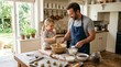 © Md Mamonor - Smiling father and young daughter baking chocolate chip cookies together in a bright country kitchen, mixing dough at a flour dusted table with warm family bonding and homemade dessert prep