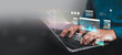 © ภัทรชัย รัตนชัยวงค์ - Business professional analyzing financial data dashboards on laptop with virtual analytics interface, AI technology, KPI metrics, big data visualization, digital transformation, business intelligence