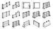 © Neoviz Studio - Isometric line art collection of modular temporary fencing and crowd control barrier systems for construction site safety and event management and urban infrastructure protection and security planning